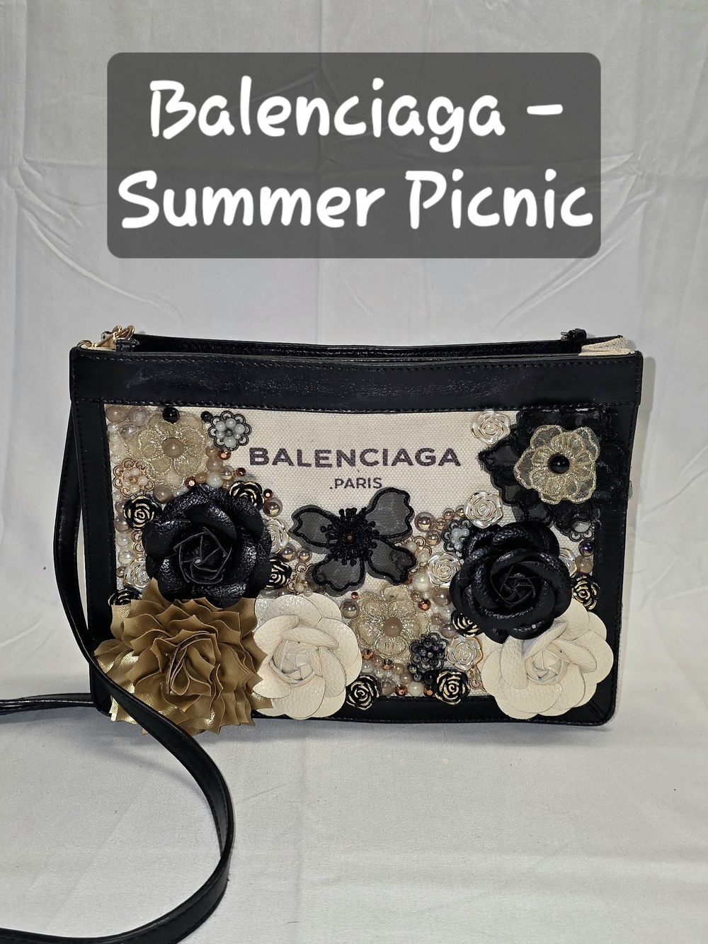 Balenciaga Ivory Canvas & Black Leather Trim Crossbody - Summer Picnic